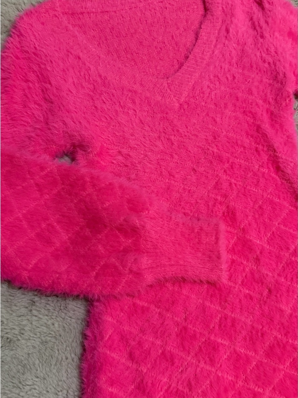 SHEIN Fuzzy V-Neck Long Sleeve Dress in Hot Pink